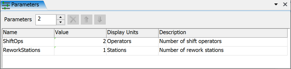 FlexSim Model Parameters Table