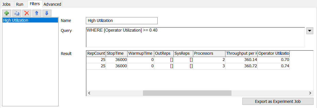 Experiment Filters in FlexSim