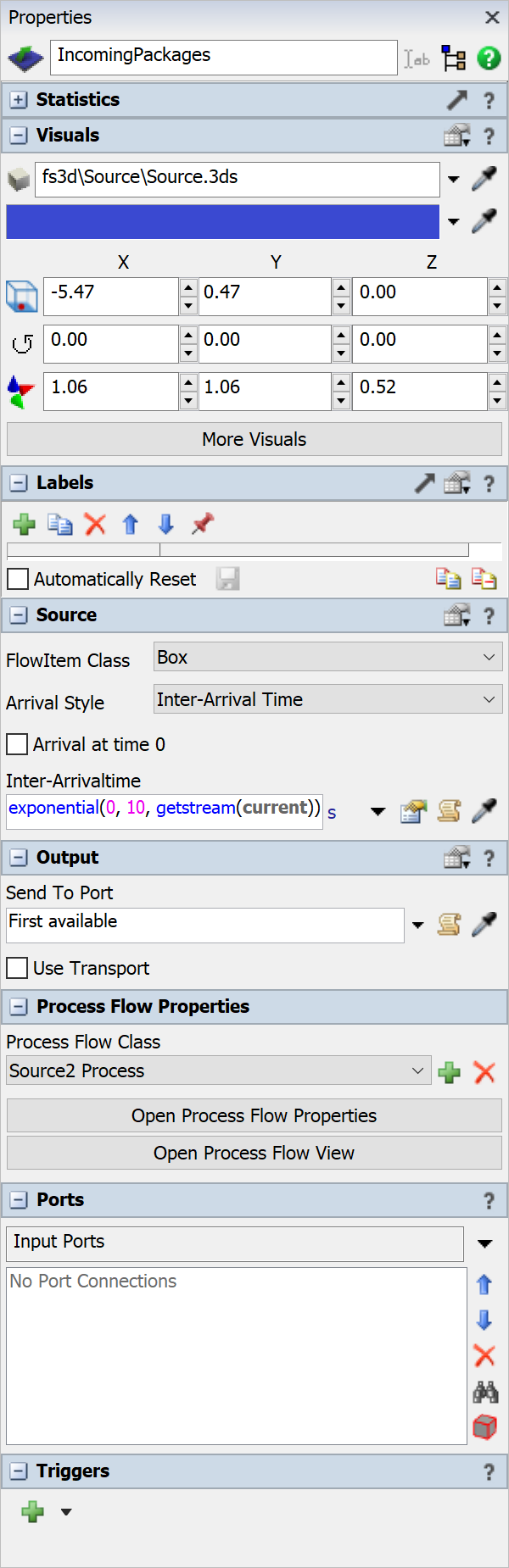 FlexSim Properties pane