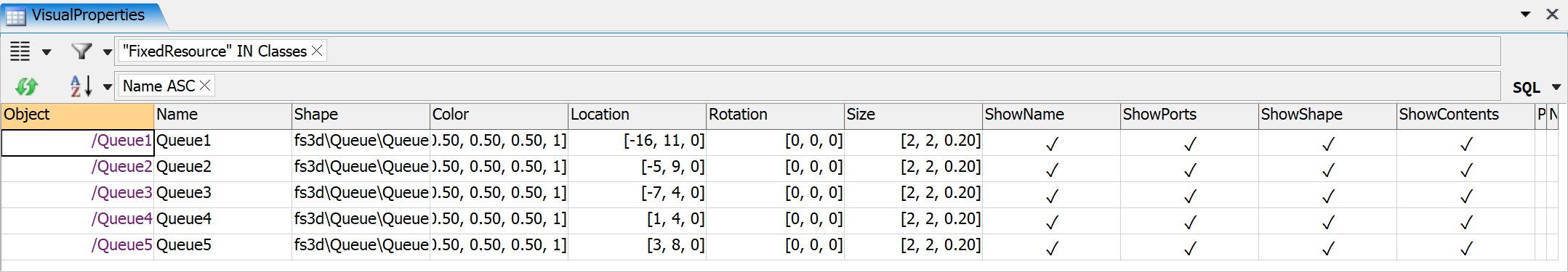 FlexSim Properties Table